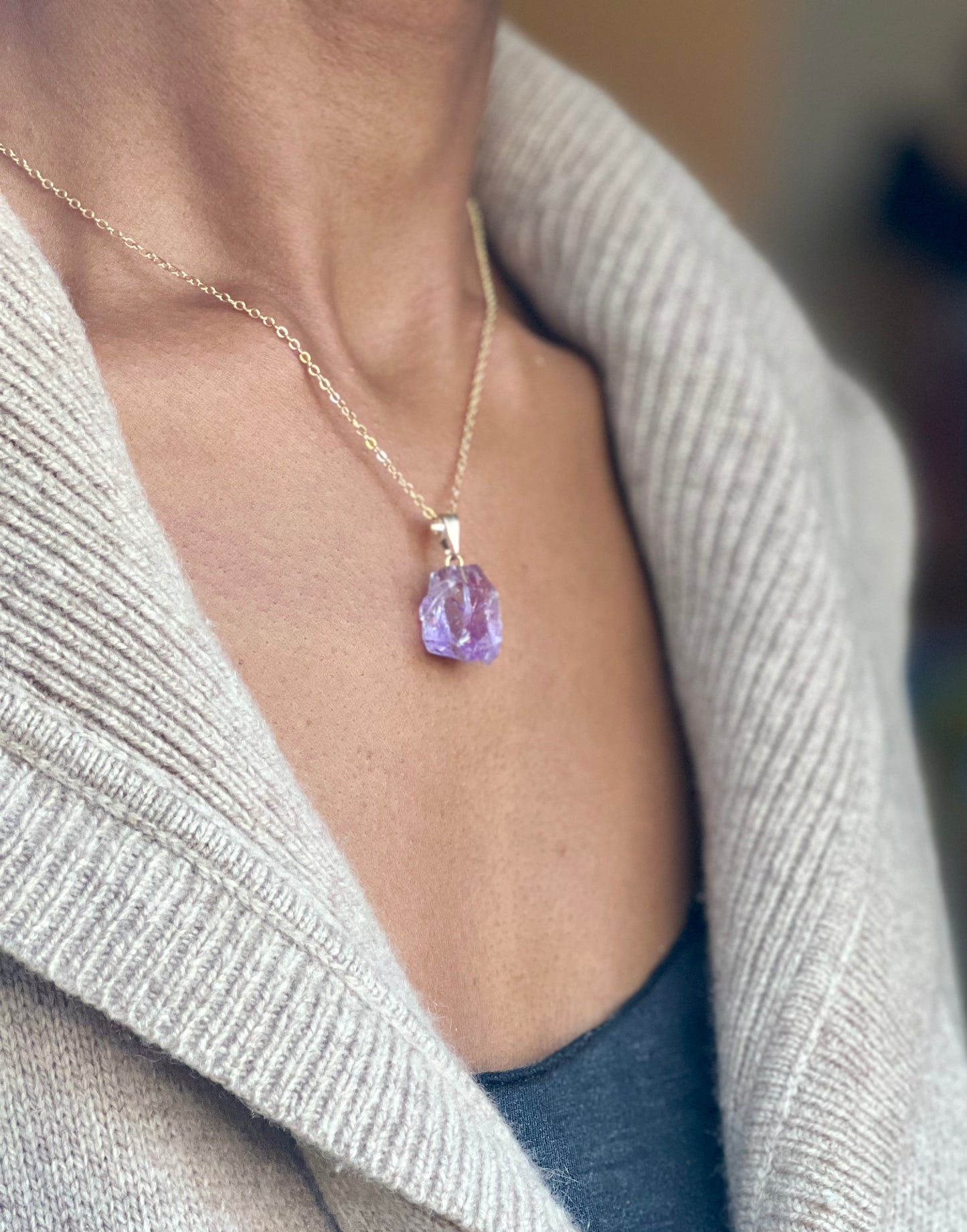 Raw Gold Plated Amethyst Crystal Necklace