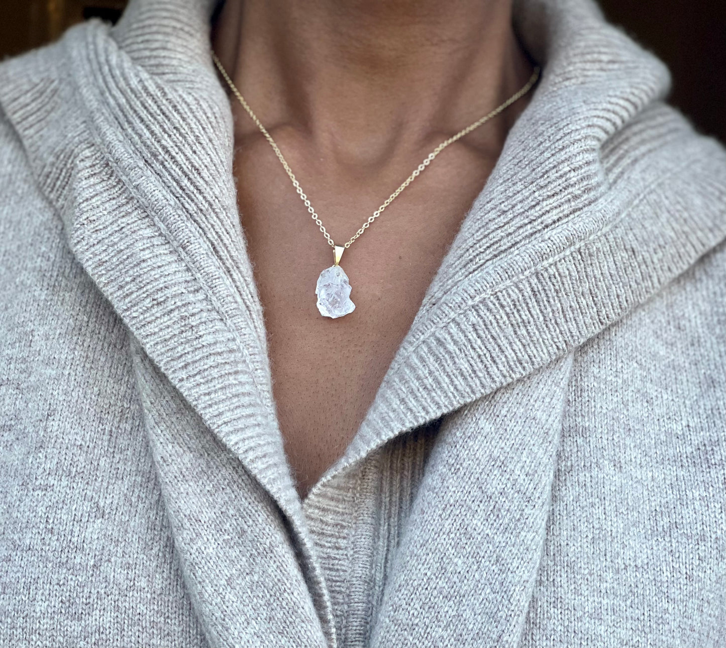 Gold Plated Rough Clear Quartz Necklace