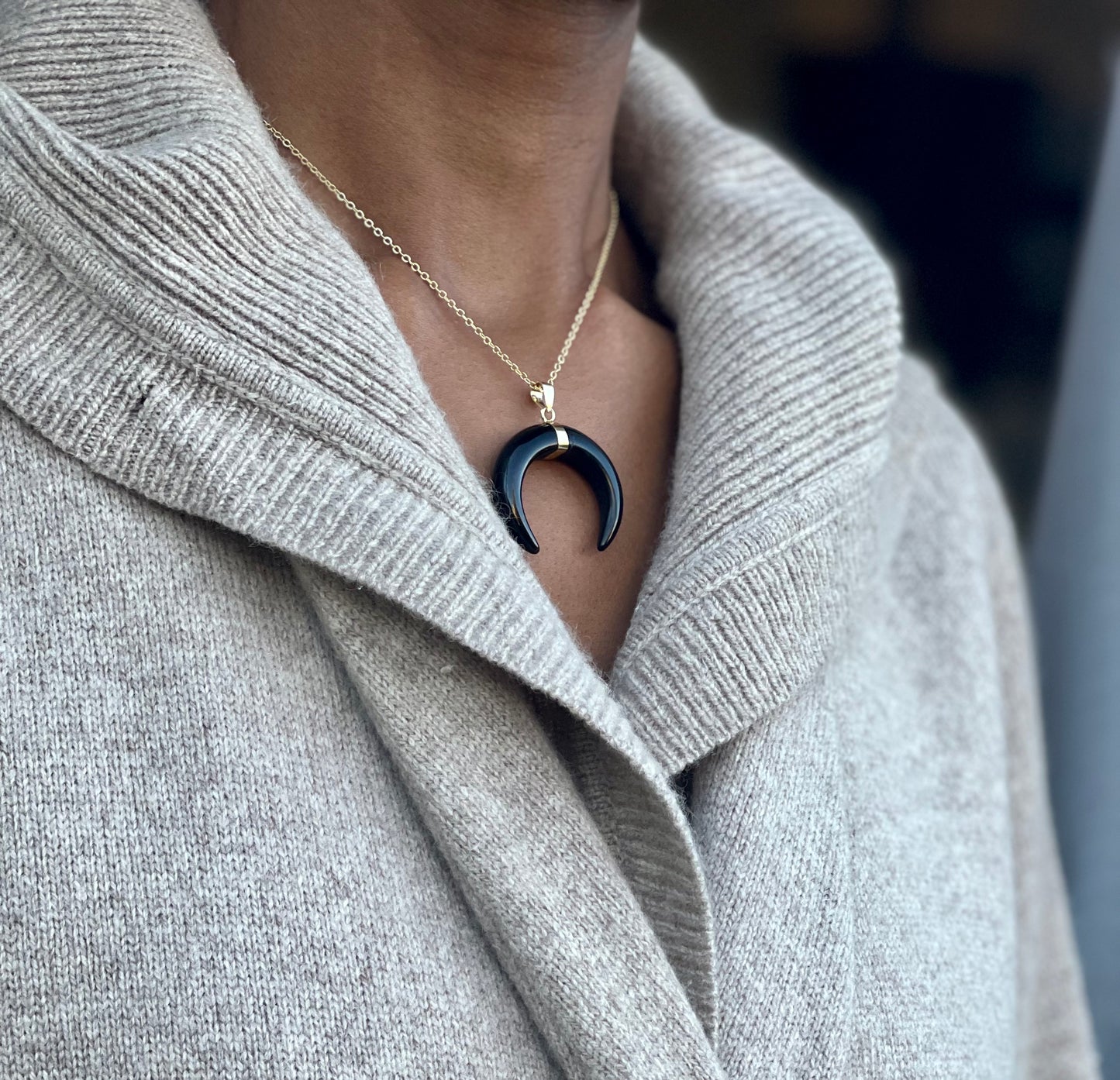 Gold Plated Onyx Crescent Necklace